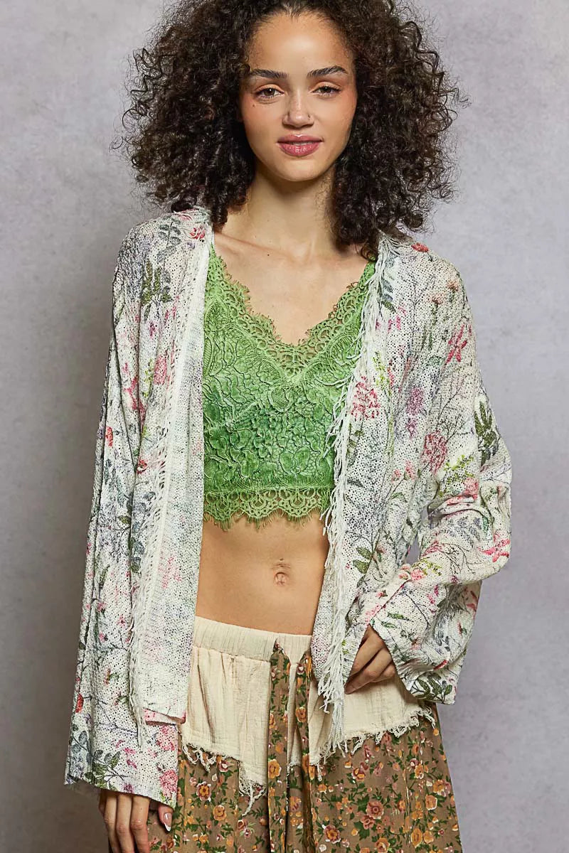 POL Open Front Floral Cardigan with Center Open Fringe on Simply Obsessed