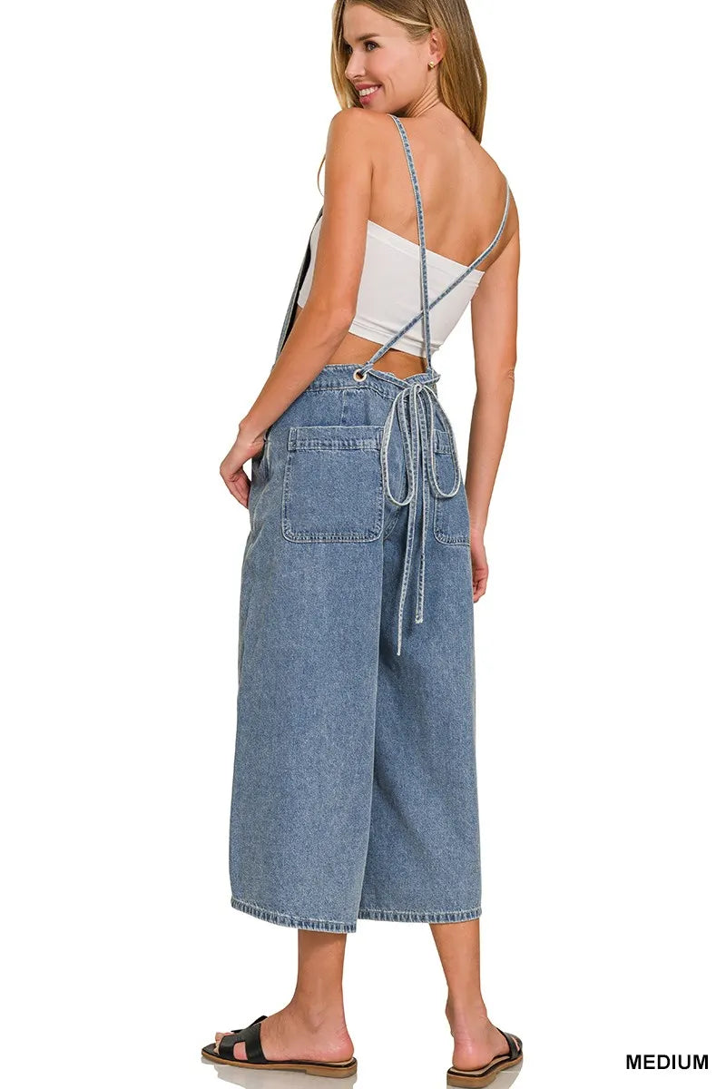 ZENANA Denim Medium Washed Wide Leg Overalls on Simply Obsessed
