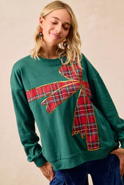 BIBI Plaid Ribbon Bow Detail Christmas Fleece Pullover on Simply Obsessed