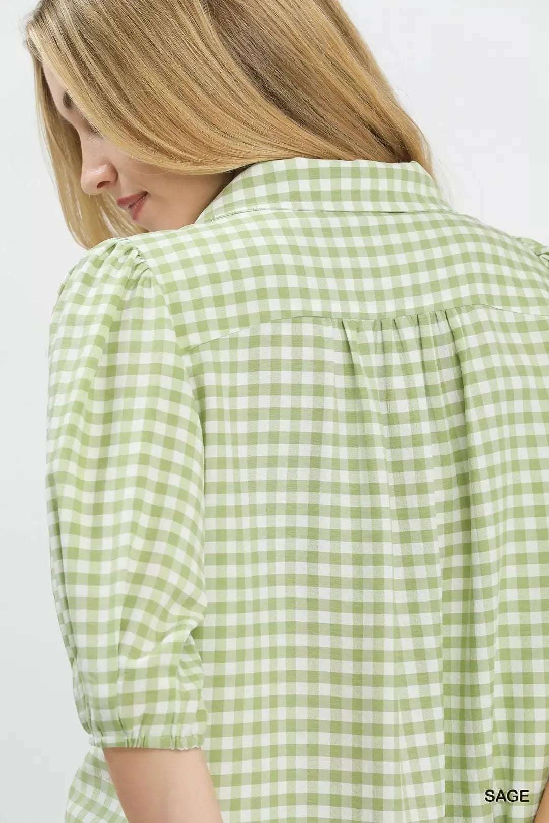 UMGEE Gingham Puff Sleeve Collared Blouse on Simply Obsessed