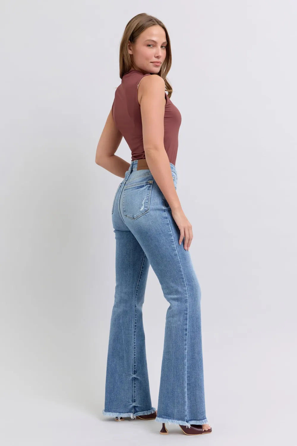 Judy Blue Full Size Raw Hem High Rise Bootcut Jeans on Simply Obsessed