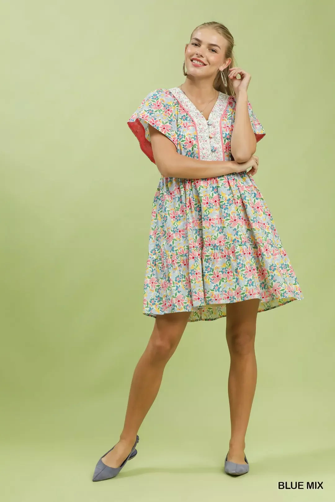 UMGEE Mix Floral Tiered Mini Dress with Side Pockets on Simply Obsessed