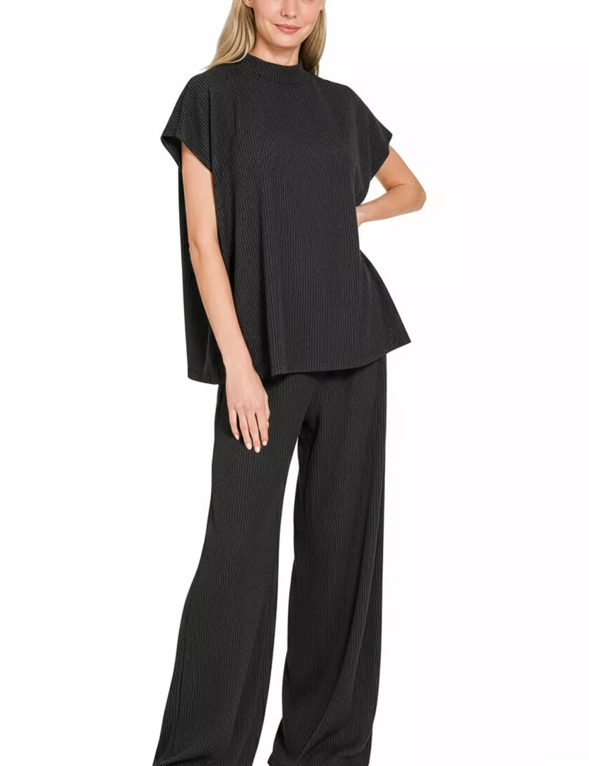 ZENANA Raised Rib Short Sleeve Tee & Pants Set on Simply Obsessed