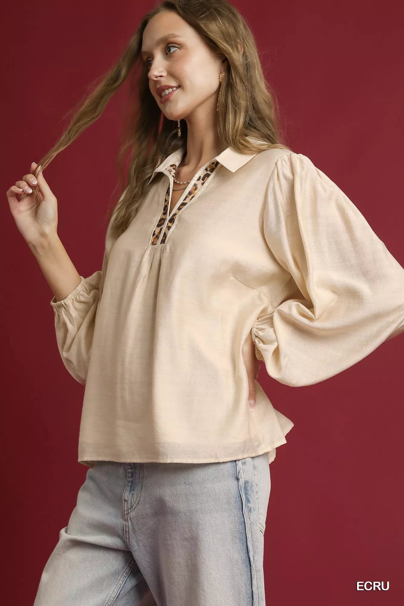 Umgee Long Sleeve Blouse with Leopard Print Trim on Simply Obsessed
