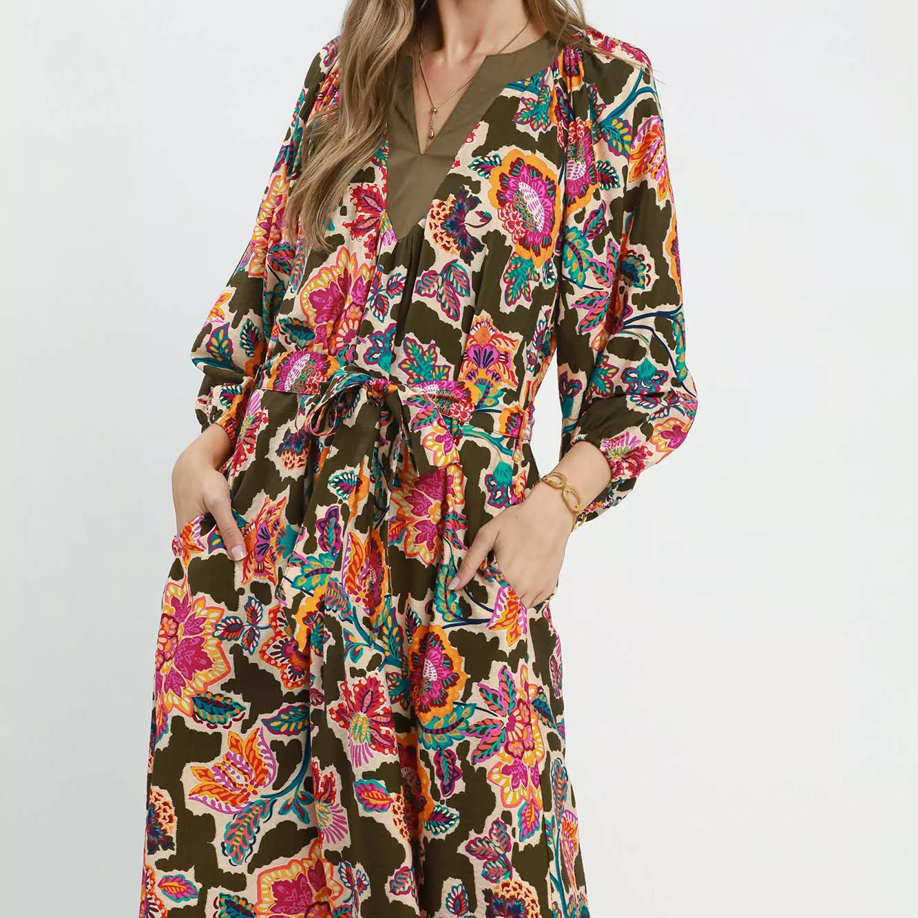 UMGEE Abstract Print Embroidered Belted Midi Dress on Simply Obsessed