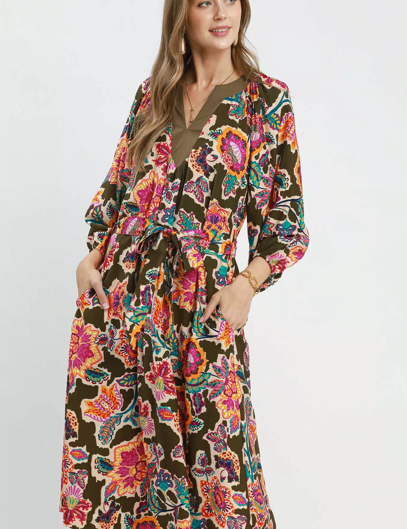 UMGEE Abstract Print Embroidered Belted Midi Dress on Simply Obsessed