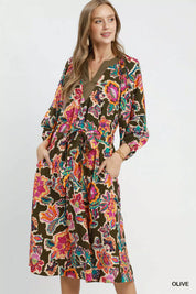 UMGEE Abstract Print Embroidered Belted Midi Dress on Simply Obsessed
