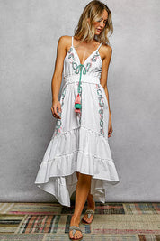 POL Embroidered Detail Tassel Tie Smocked Waist Midi Tiered Cami Dress on Simply Obsessed