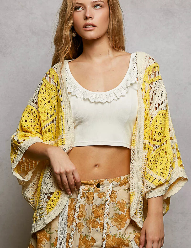 POL Open Front Crochet Cardigan with Scalloped Edge on Simply Obsessed