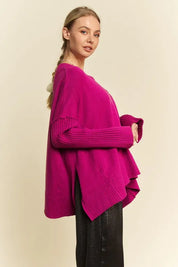 DAVI & DANI Ribbed Side Slit V-Neck Sweater on Simply Obsessed