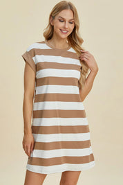 BASIC BAE Full Size Striped Round Neck Cap Sleeve Mini Dress on Simply Obsessed