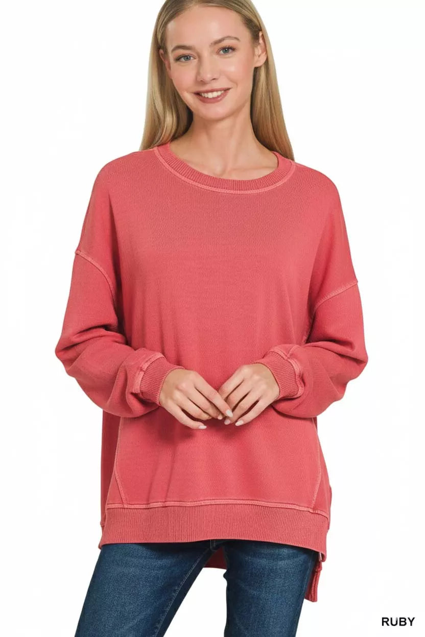 ZENANA Full Size French Terry Pigment Dye & Enzyme Washing Pullover Plus Size on Simply Obsessed