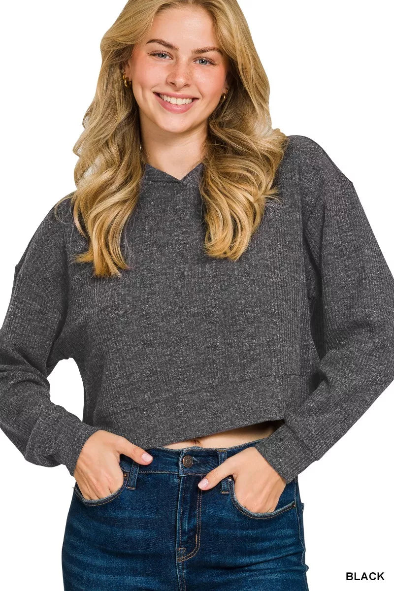 ZENANA Drop Shoulder Ribbed Crop Hoodie on Simply Obsessed