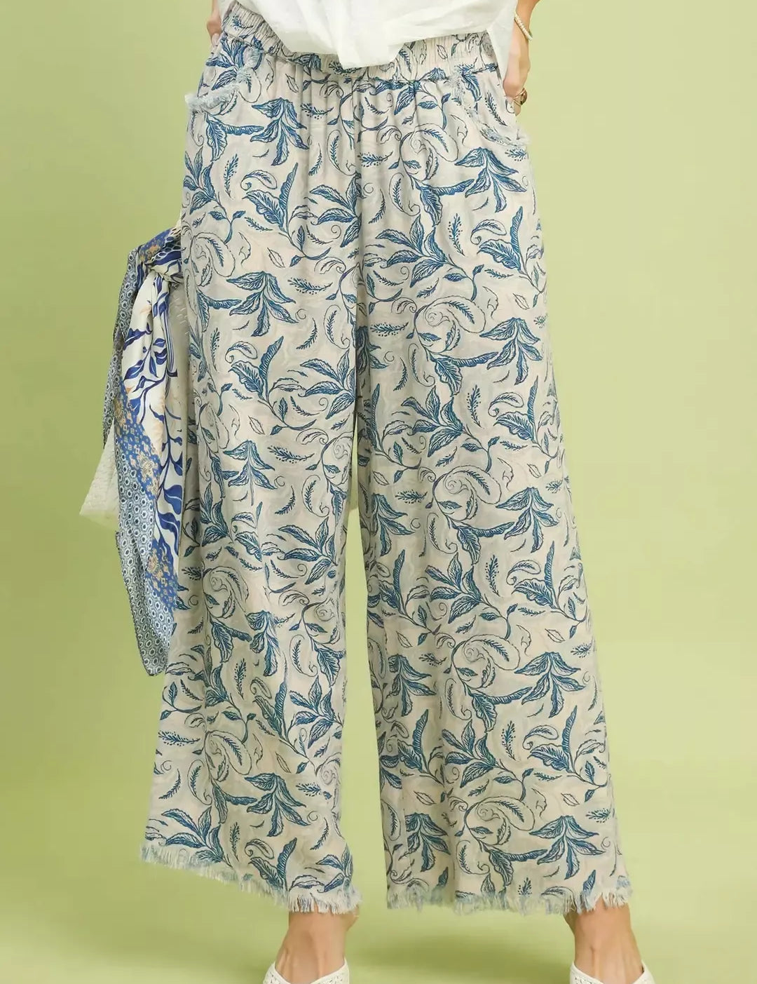 UMGEE Linen Printed Wide Leg Raw Hem Pants on Simply Obsessed