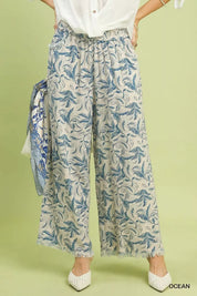 UMGEE Linen Printed Wide Leg Raw Hem Pants on Simply Obsessed
