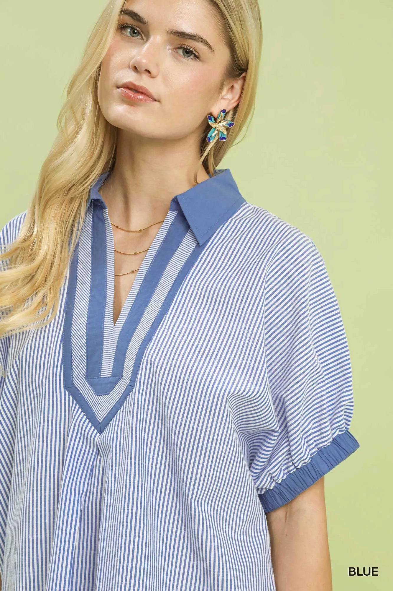 UMGEE Contrast Trim Popover Stripe Top on Simply Obsessed