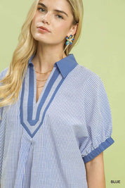 UMGEE Contrast Trim Popover Stripe Top on Simply Obsessed