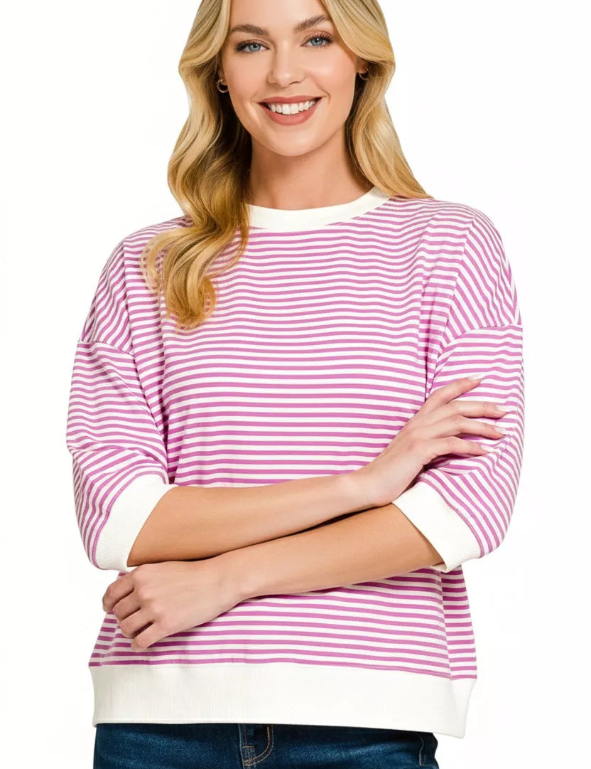 ZENANA Striped Contrast Trim Banded Bottom Top on Simply Obsessed