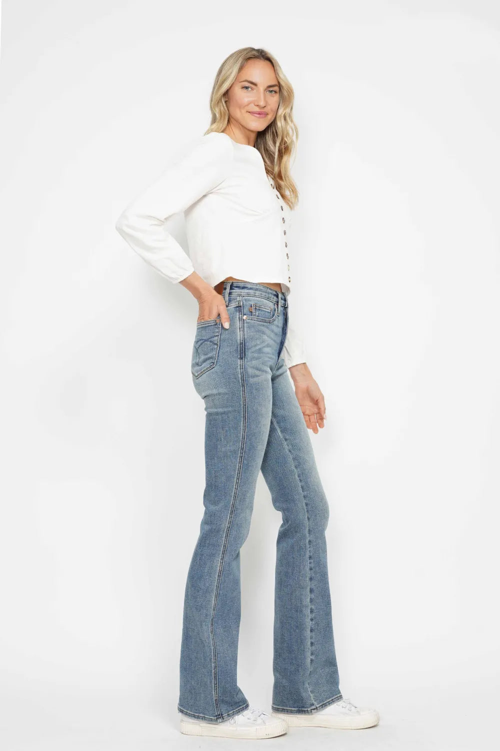 JUDY BLUE Full Size Tummy Control Back Embroidered Pocketed Bootcut Jeans Plus Size on Simply Obsessed