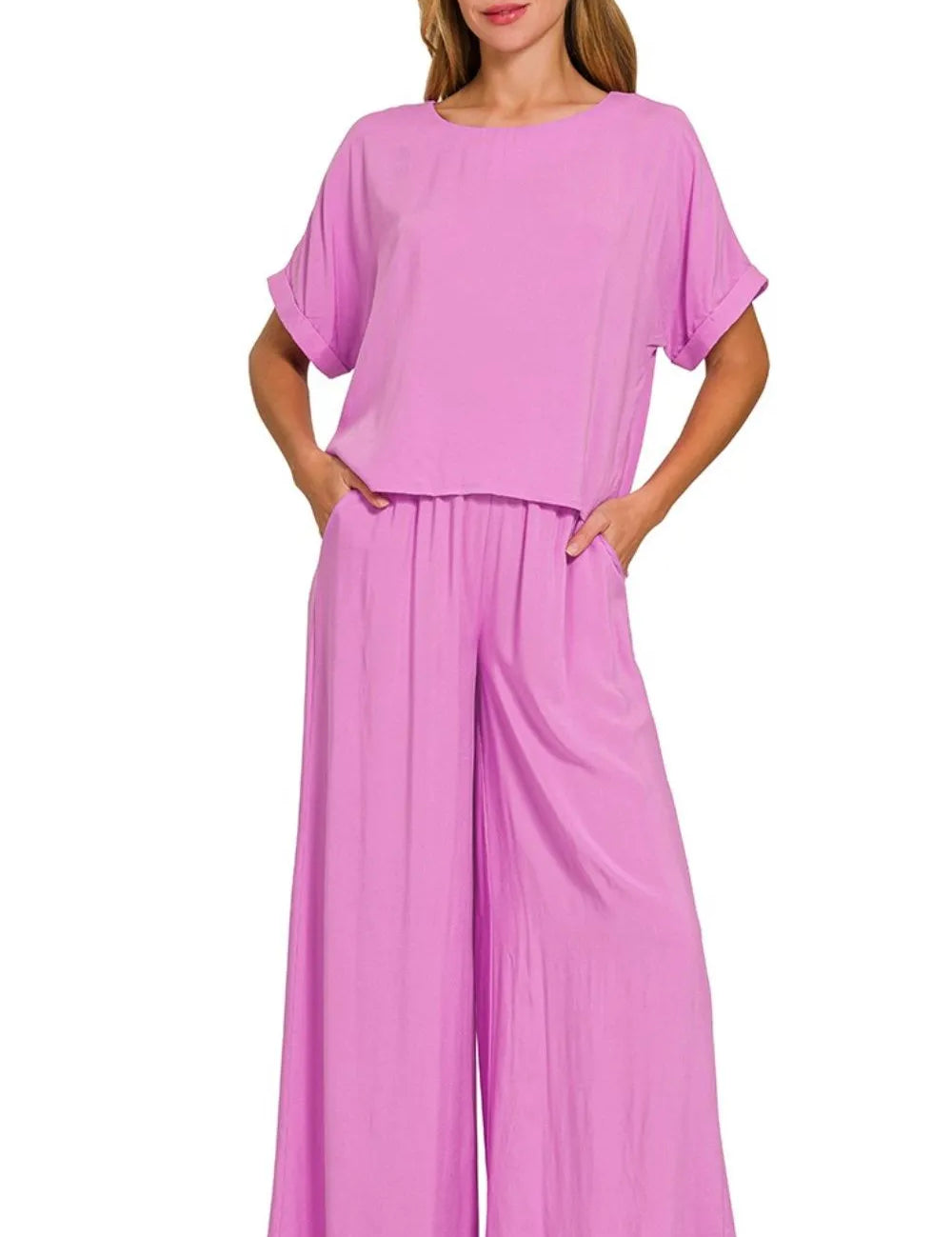 Zenana Round Neck T-Shirt and Wide Leg Pants Set on Simply Obsessed
