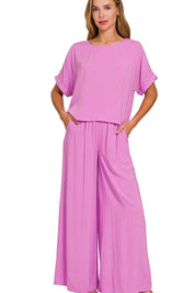 Zenana Round Neck T-Shirt and Wide Leg Pants Set on Simply Obsessed