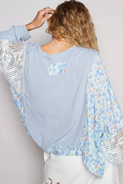POL Round Neck Cropped Gauze Floral Pattern Top with Overlock Stitch Detail on Simply Obsessed