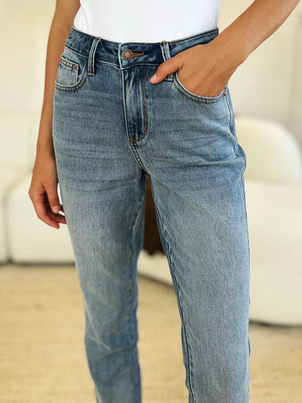 JUDY BLUE Full Size Mid Rise Rigid Magic Release Hem Jeans on Simply Obsessed