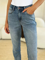 JUDY BLUE Full Size Mid Rise Rigid Magic Release Hem Jeans on Simply Obsessed