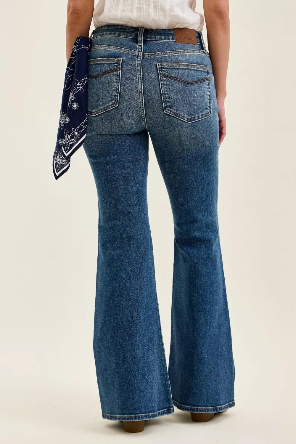 JUDY BLUE Mid Rise Jaqueline Flare with Triple Needle Back Pkts and Bandana Loop on Simply Obsessed