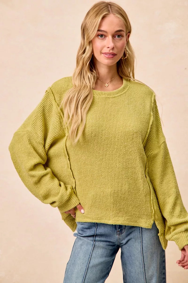 BIBI Boucle Rib Knit Uneven Hem Sweater With Open Seam on Simply Obsessed