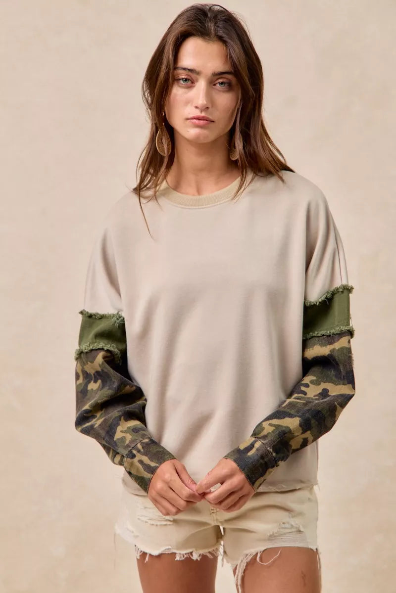 BiBi Camo Sleeve French Terry Top with Frayed Edge on Simply Obsessed