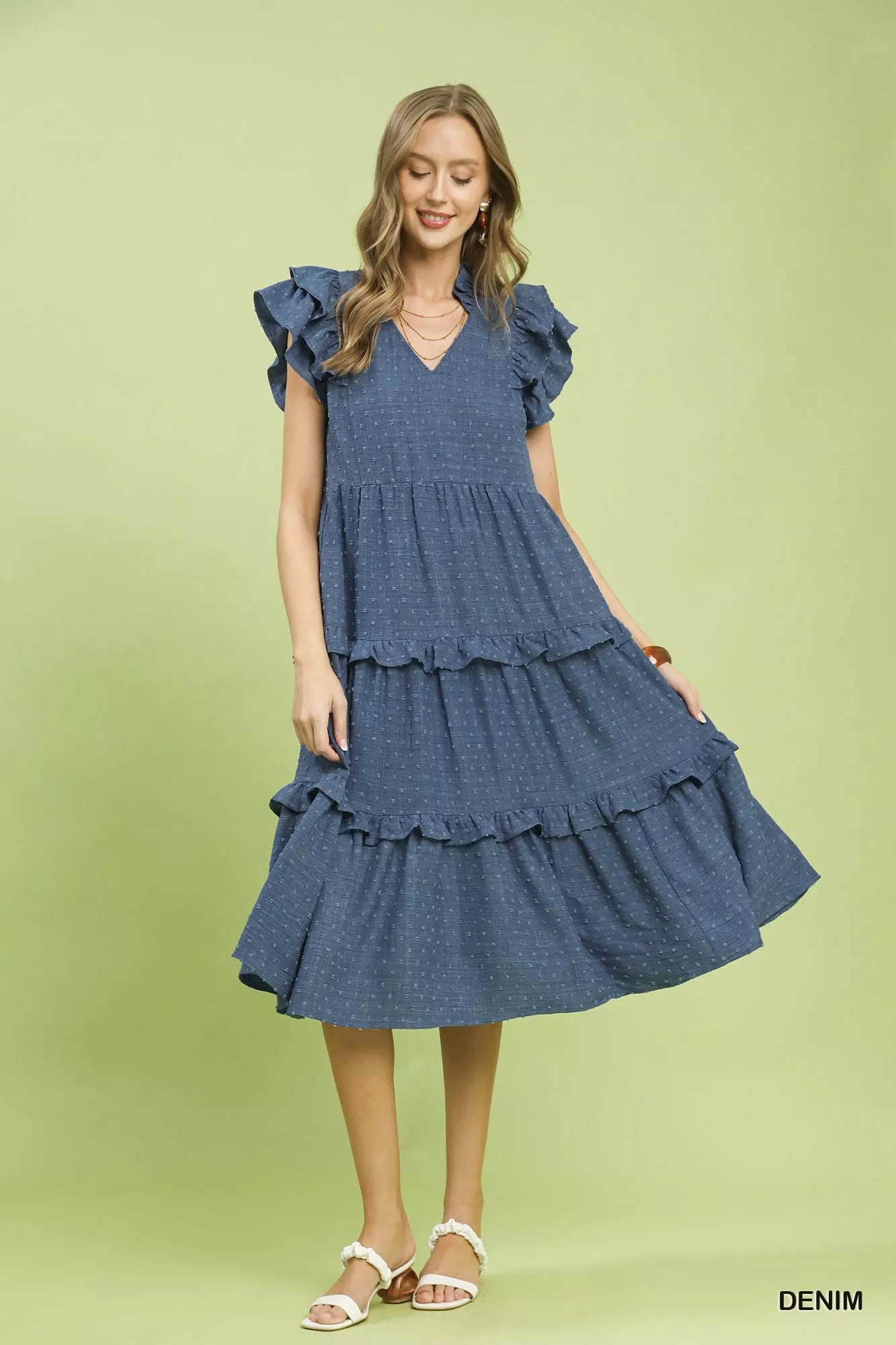 UMGEE Textured Ruffle Sleeve Tiered Midi Dress on Simply Obsessed