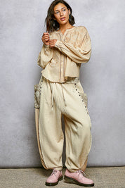 POL Embroidery Button Down Long Sleeve Washed Shirt on Simply Obsessed