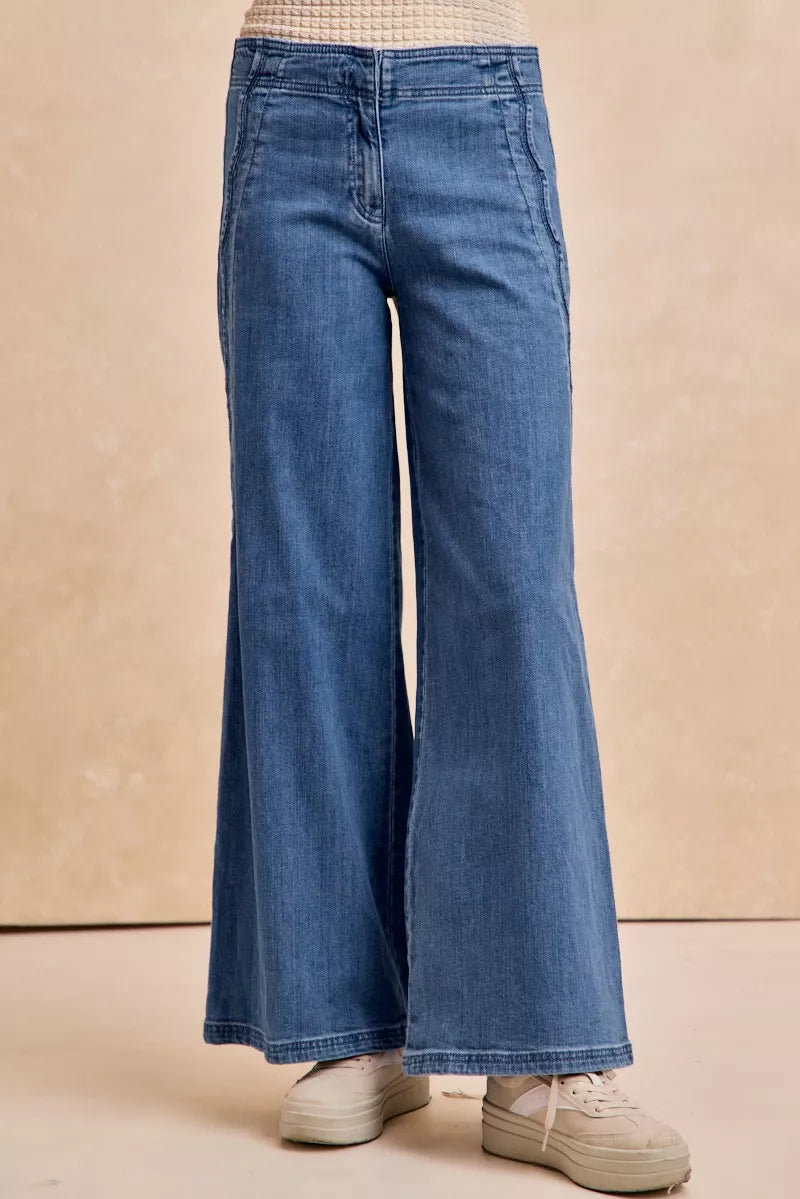 BIBI Wavy Side Edge Detail Lined Wide Leg Jeans on Simply Obsessed