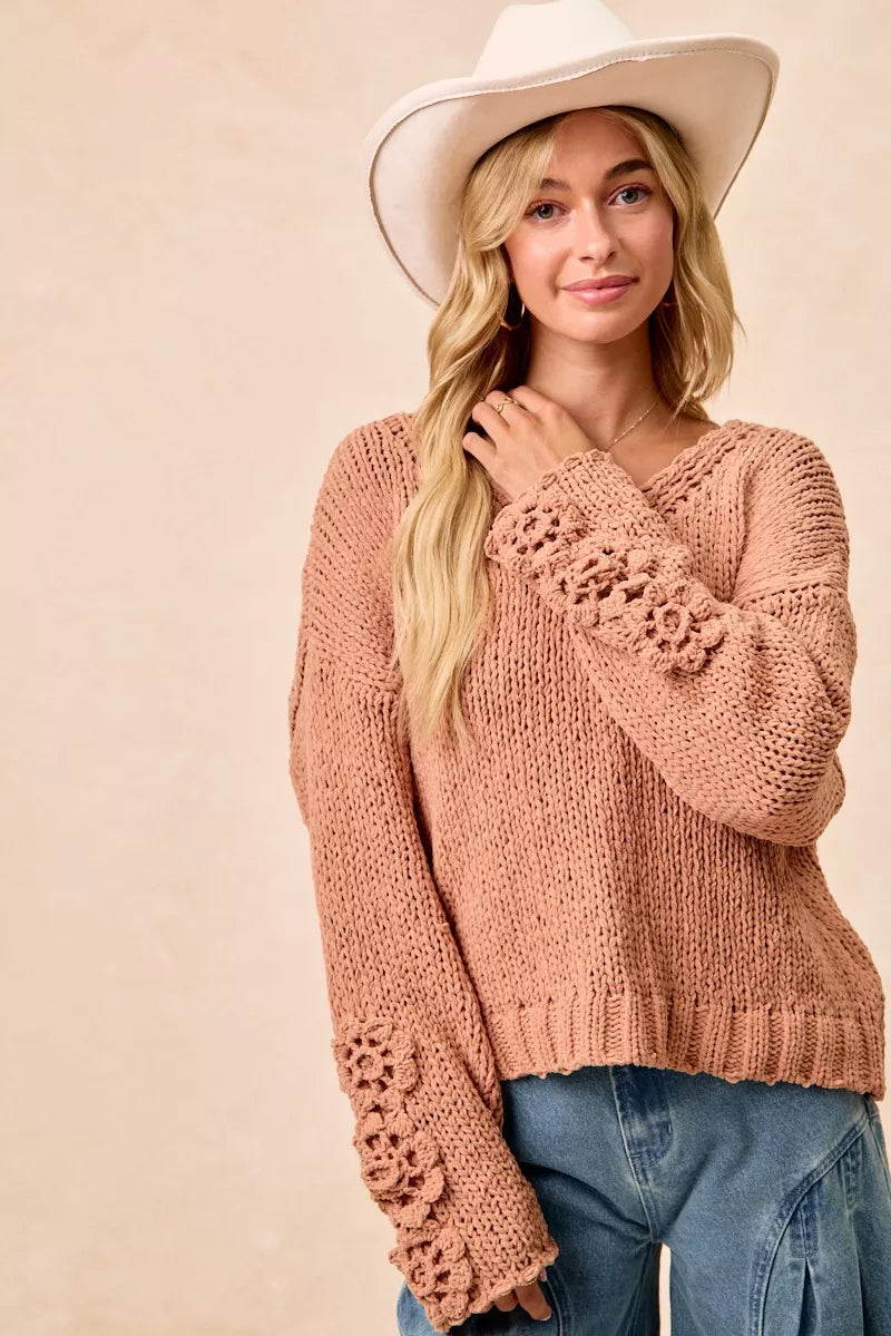 BiBi Chunky Knit Sweater with Flower Detail Sleeves on Simply Obsessed