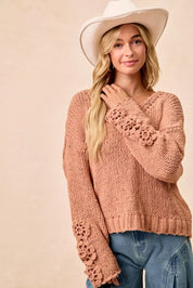 BiBi Chunky Knit Sweater with Flower Detail Sleeves on Simply Obsessed