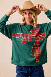 BIBI Plaid Ribbon Bow Detail Christmas Fleece Pullover on Simply Obsessed