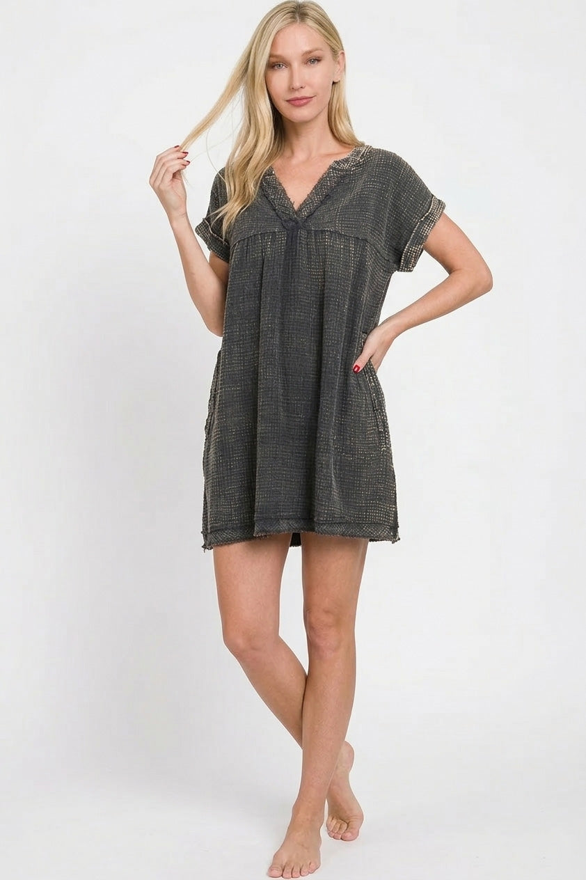 ZENANA Washed Double Gauze Raw Edge V-neck Dress on Simply Obsessed