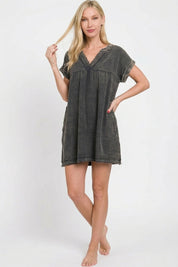 ZENANA Washed Double Gauze Raw Edge V-neck Dress on Simply Obsessed