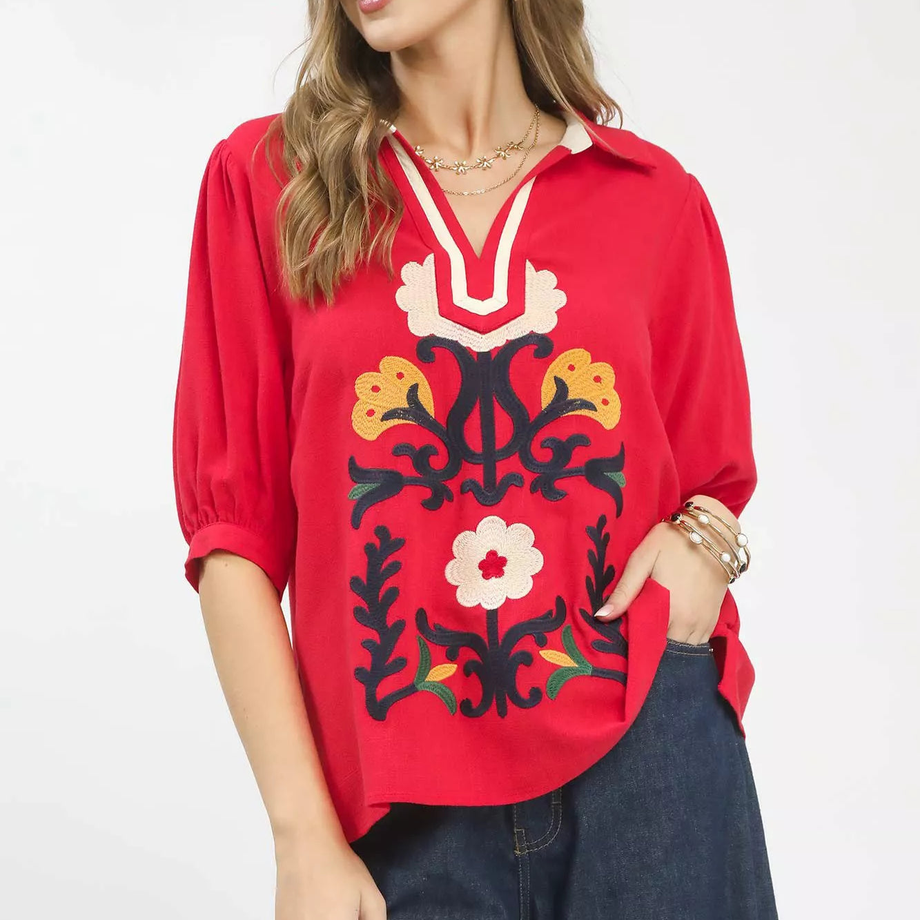 UMGEE Mixed Media V-Neck Print Blouse on Simply Obsessed