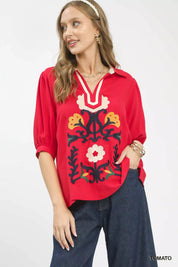 UMGEE Mixed Media V-Neck Print Blouse on Simply Obsessed