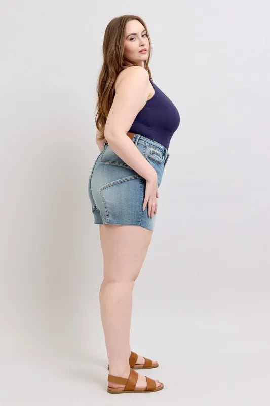 JUDY BLUE Full Size High Waist Star Seam Detail Denim Shorts Plus Size on Simply Obsessed