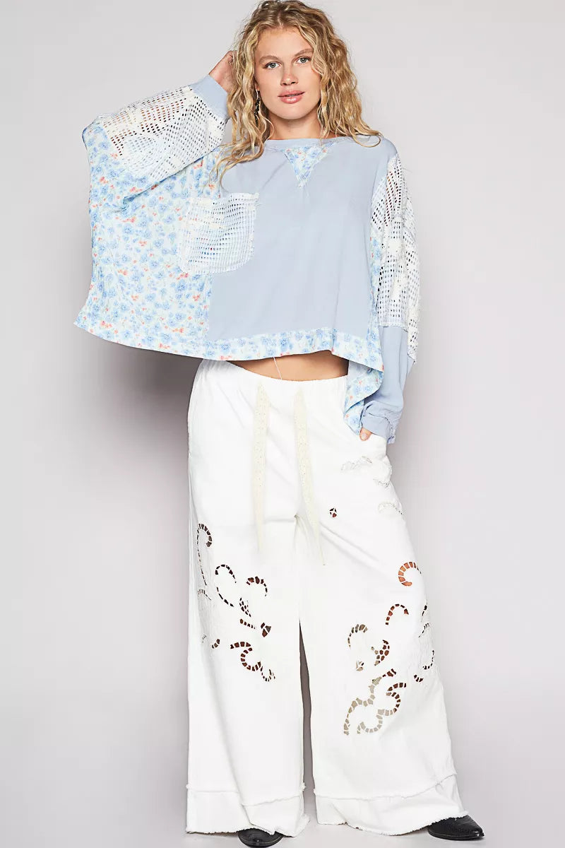 POL Round Neck Cropped Gauze Floral Pattern Top with Overlock Stitch Detail on Simply Obsessed