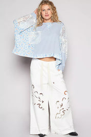 POL Round Neck Cropped Gauze Floral Pattern Top with Overlock Stitch Detail on Simply Obsessed