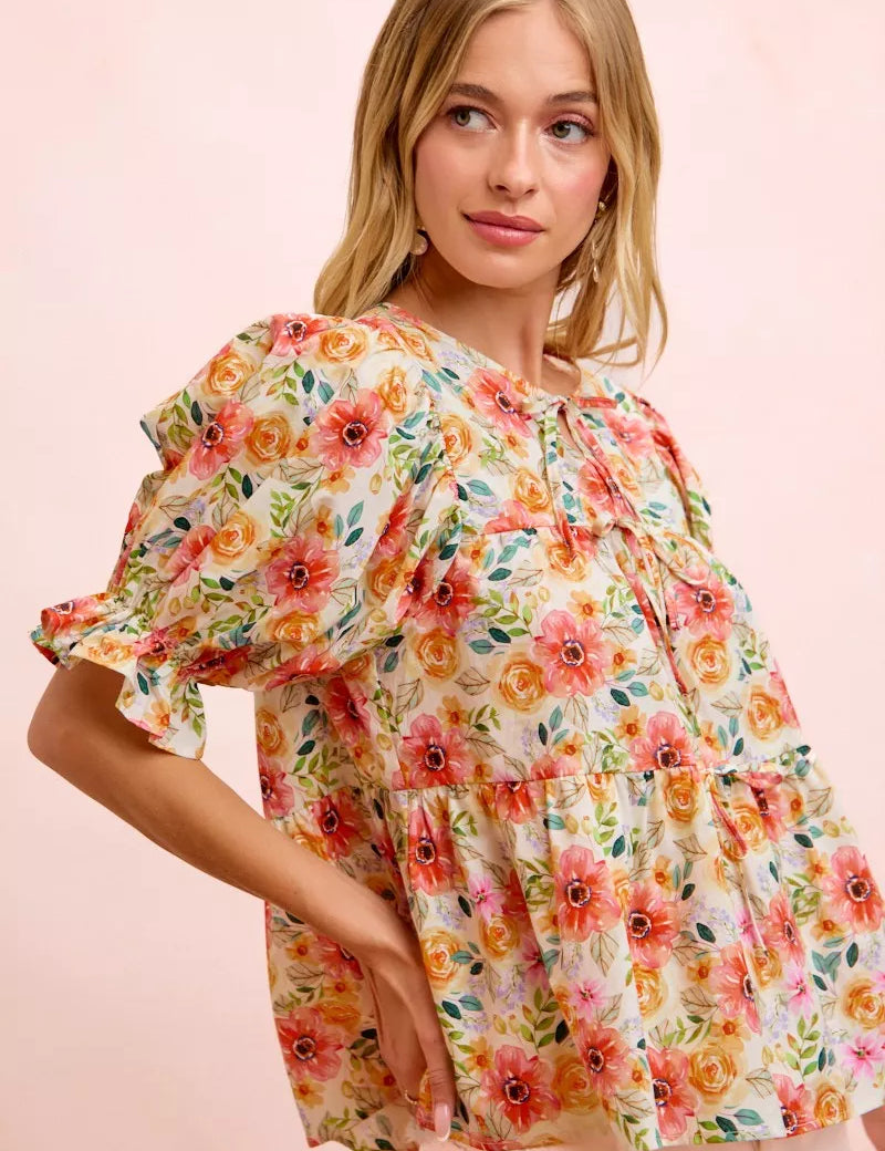 BIBI Flower Printed Shirring Detail Blouse Top on Simply Obsessed