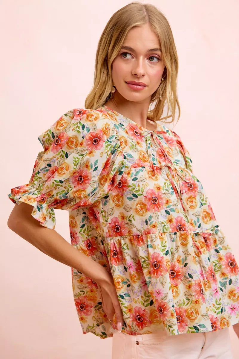 BIBI Flower Printed Shirring Detail Blouse Top on Simply Obsessed