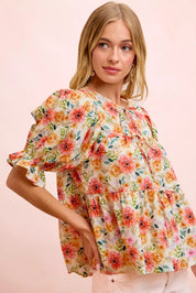 BIBI Flower Printed Shirring Detail Blouse Top on Simply Obsessed