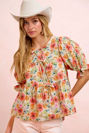 BIBI Flower Printed Shirring Detail Blouse Top on Simply Obsessed