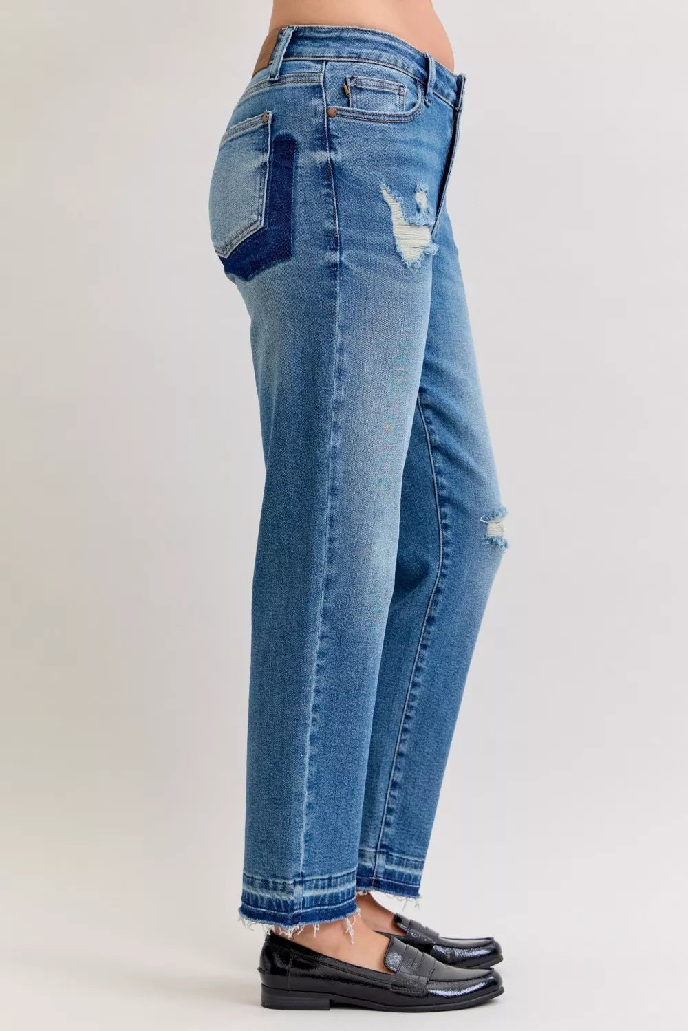 JUDY BLUE Full Size Mid Rise Bf Patch & Repair Destroy Release Hem Jeans Plus Size on Simply Obsessed