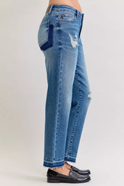 JUDY BLUE Full Size Mid Rise Bf Patch & Repair Destroy Release Hem Jeans Plus Size on Simply Obsessed